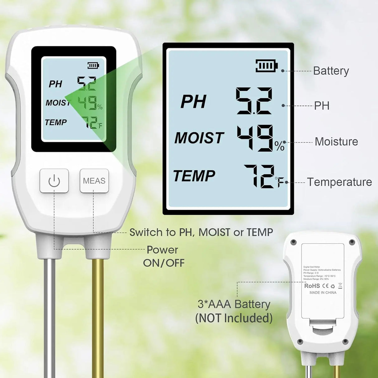 3 in 1 Digital LCD Soil Tester For PH/Moisture/Temperature With Backlight for House And Garden