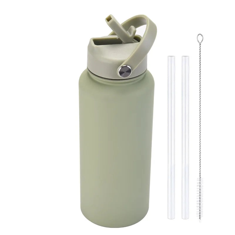 1L  Stainless Steel, Wide Mouthed, Thermos Water Bottle With Straw