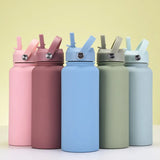 1L  Stainless Steel, Wide Mouthed, Thermos Water Bottle With Straw