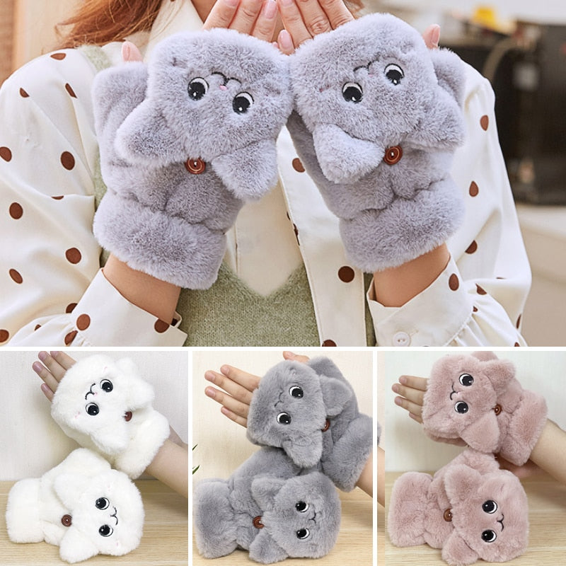 Winter Faux Fur Plush Warm Half Finger Mittens/Gloves.