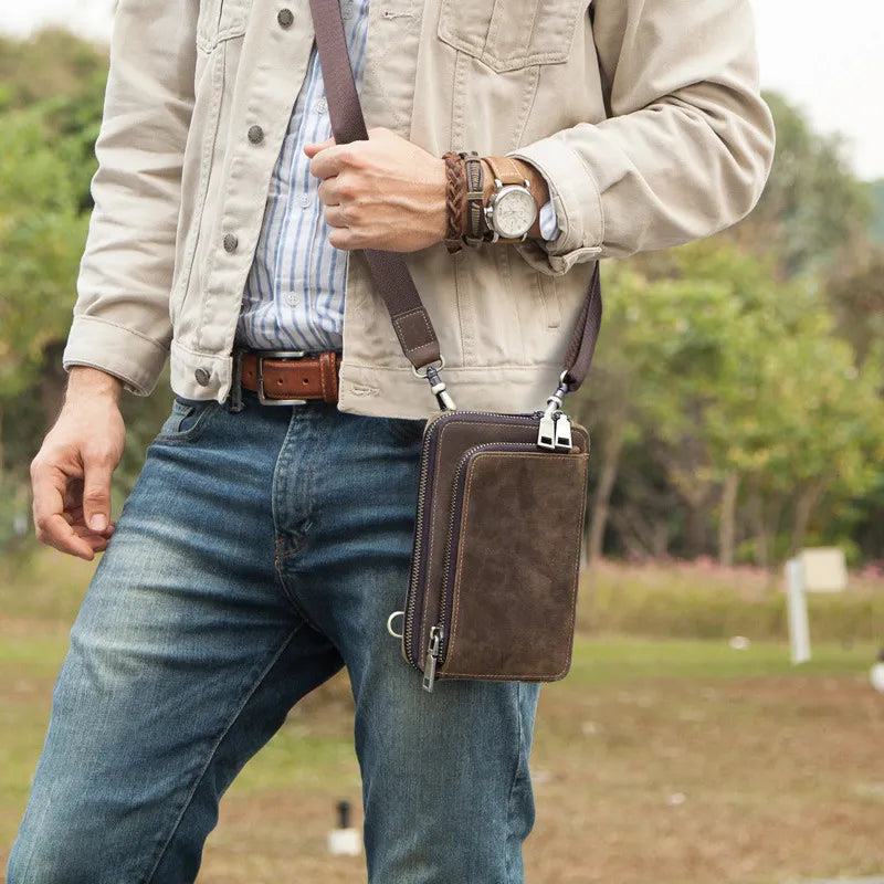 2023 Men's Leather Crossbody Bag With Mobile Phone Pouch.