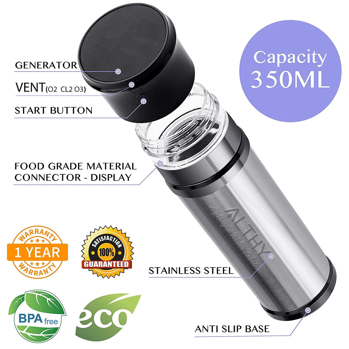 ALTHY 2 in 1 Stainless Steel Insulation Hydrogen Water Bottle Generator + Disinfectant Generator - DuPont SPE+PEM Dual Chamber