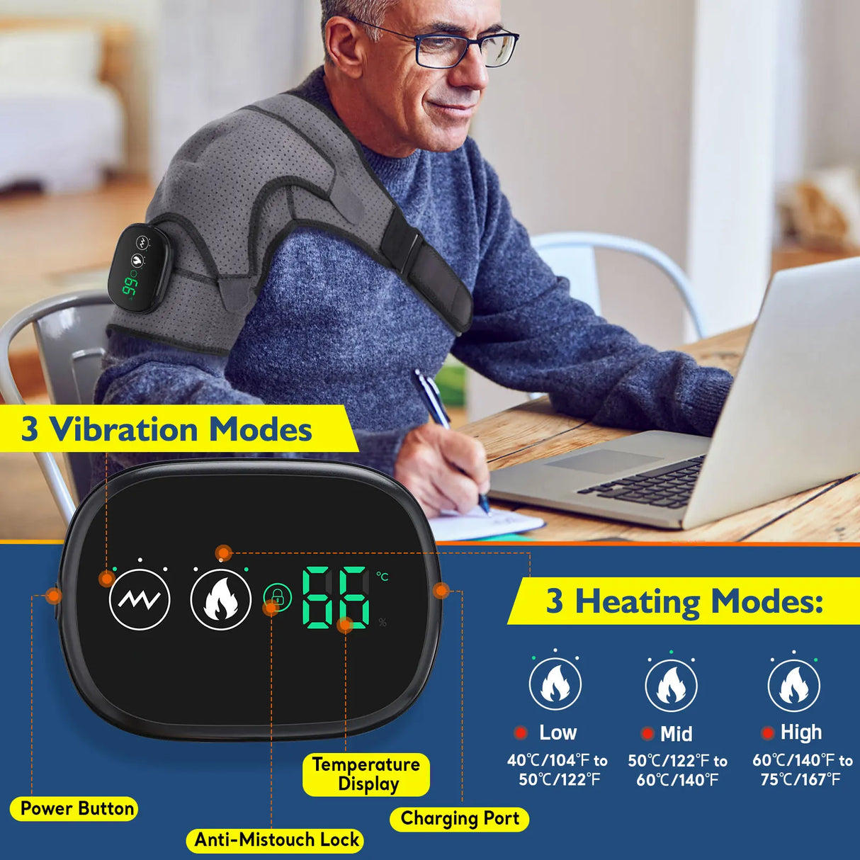 Rechargeable Electric Heated Vibration Massage Belt For Knees, Shoulders Or Elbows