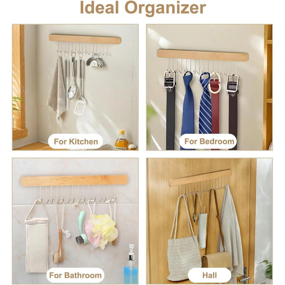 Wooden Wall-mounted Multi-function Storage Rack with 8 Hooks With Slider