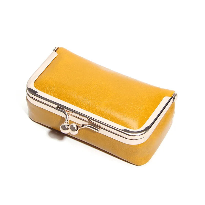 Compact Genuine Leather Kiss-Lock Mini Accessorie Pouch