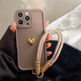 3D Golden Love Heart Soft Case With Strap For iPhone 16 17 Pro Max 15 14 13 12 11 Pro 16E 7 8 Plus