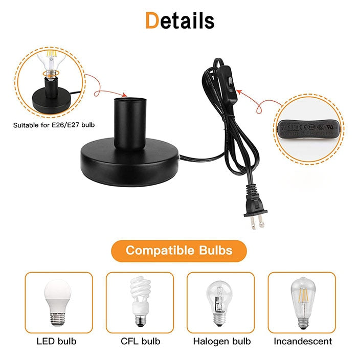 Anti-Slip Metal Desktop Lamp Base 180cm Cord E27 E26 With on/off Switch,