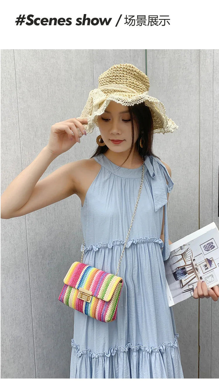Women's Straw Rainbow Stripe Shoulder Crossbody Handbag With Chain Strap