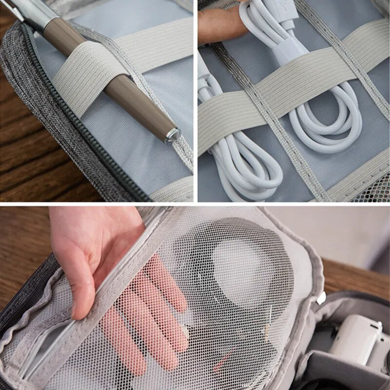 Waterproof Travel Organizer With Zipper Compartments For Cables, USB And Electronics.