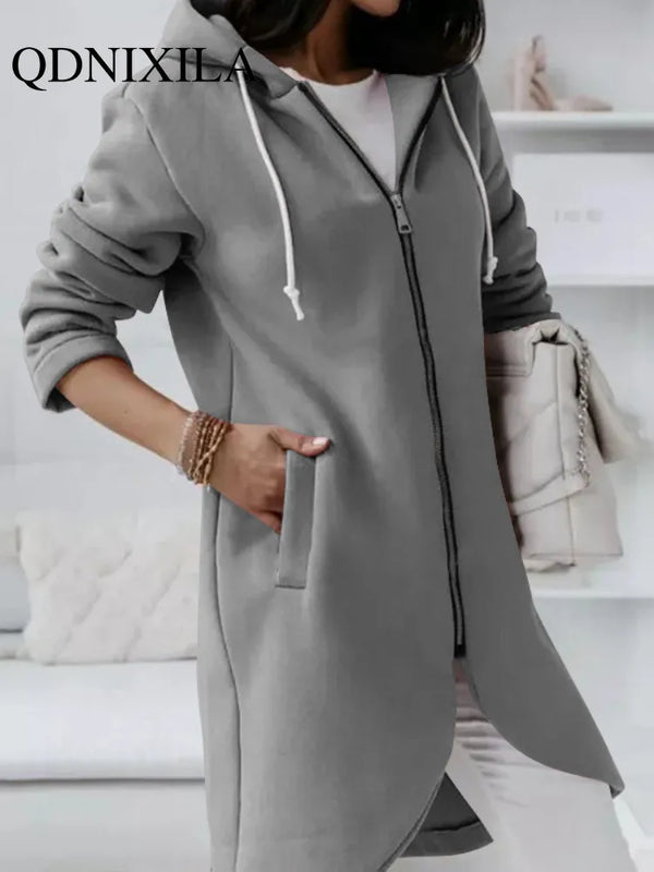 Women's Autumn Zipper Hooded Velvet Long Sweater.