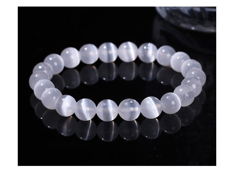 JD Natural White 6/8/10 mm Selenite Stone Bead Bracelet.