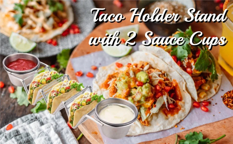 Stainless Steel Taco Holder Set With 2 Sauce Cup Holder