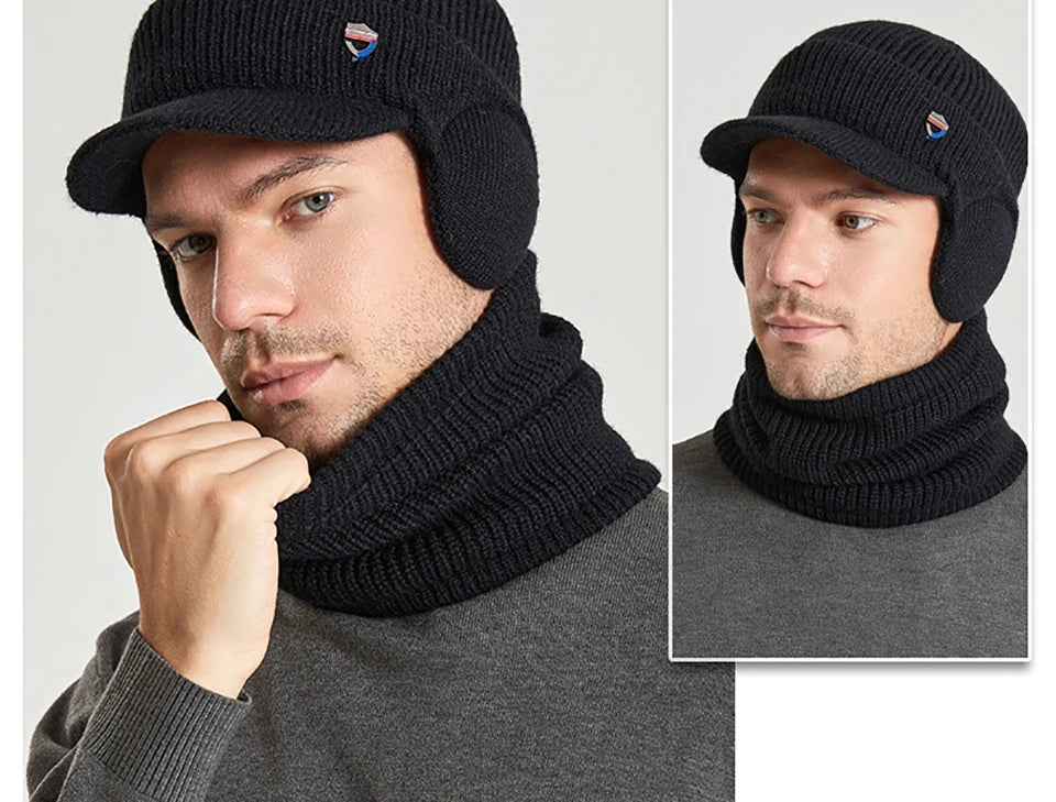 Men Or Women's Knitted Neck Scarf And Hat With Extra Ear Protection
