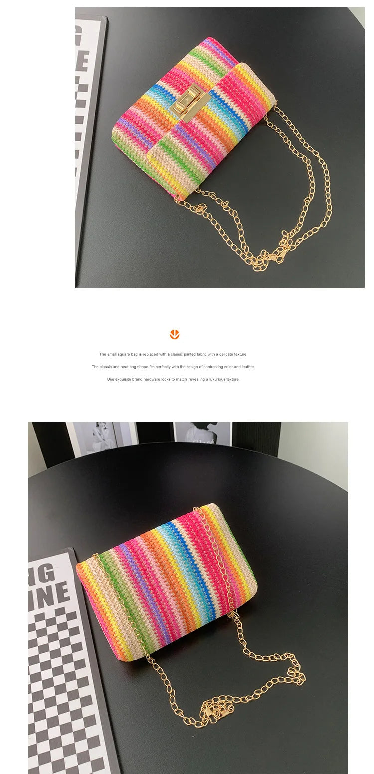 Women's Straw Rainbow Stripe Shoulder Crossbody Handbag With Chain Strap