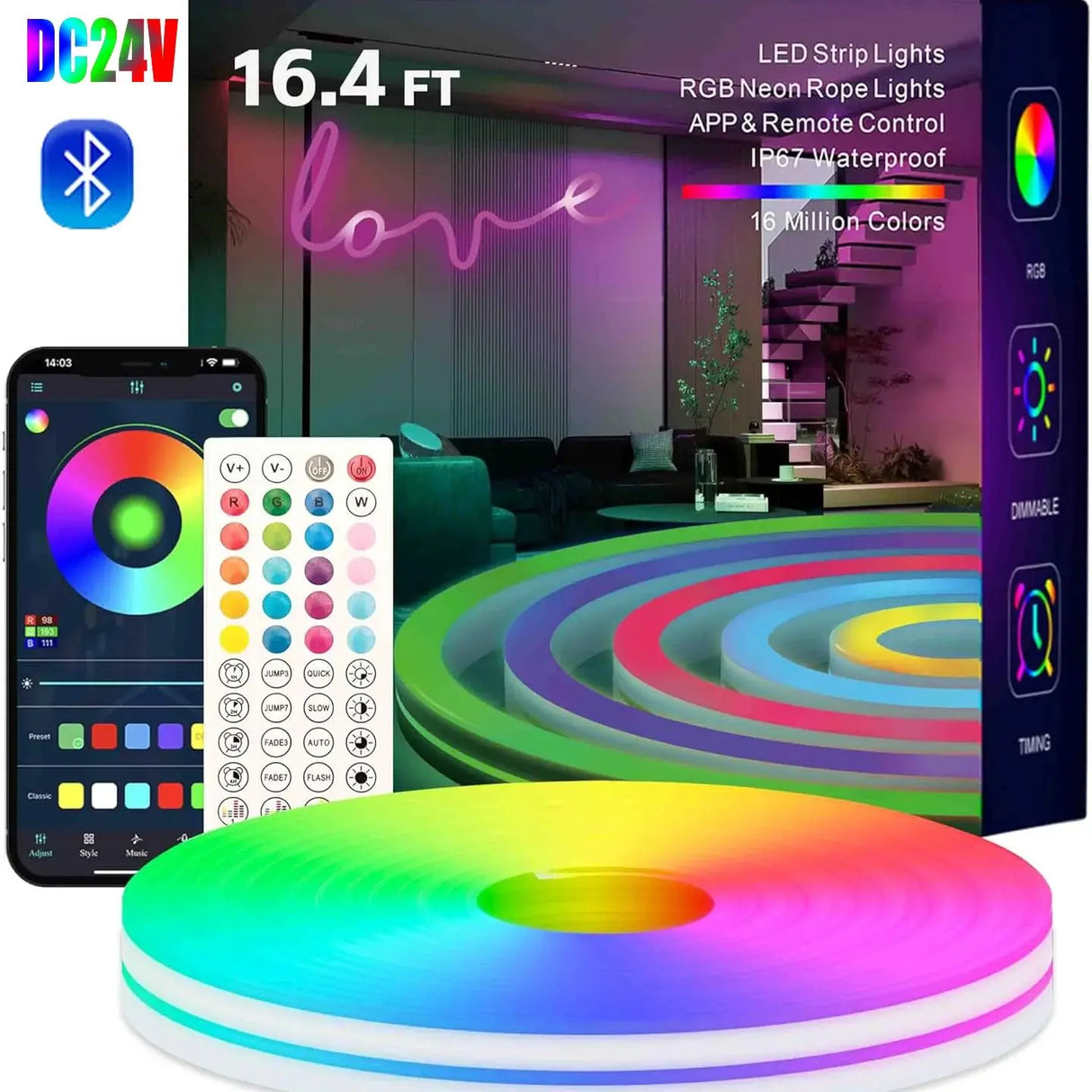 10M 20M 30M LED RGB Neon Flexible Waterproof\Bluetooth DC 24V Light Strip