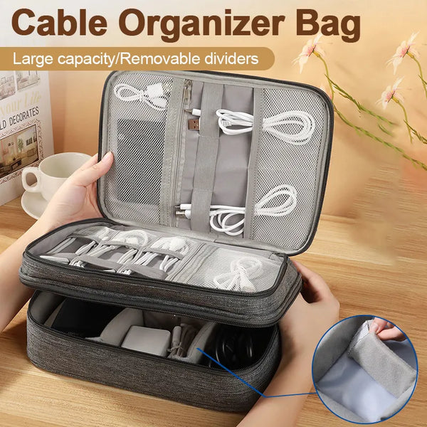 Waterproof Travel Organizer With Zipper Compartments For Cables, USB And Electronics.