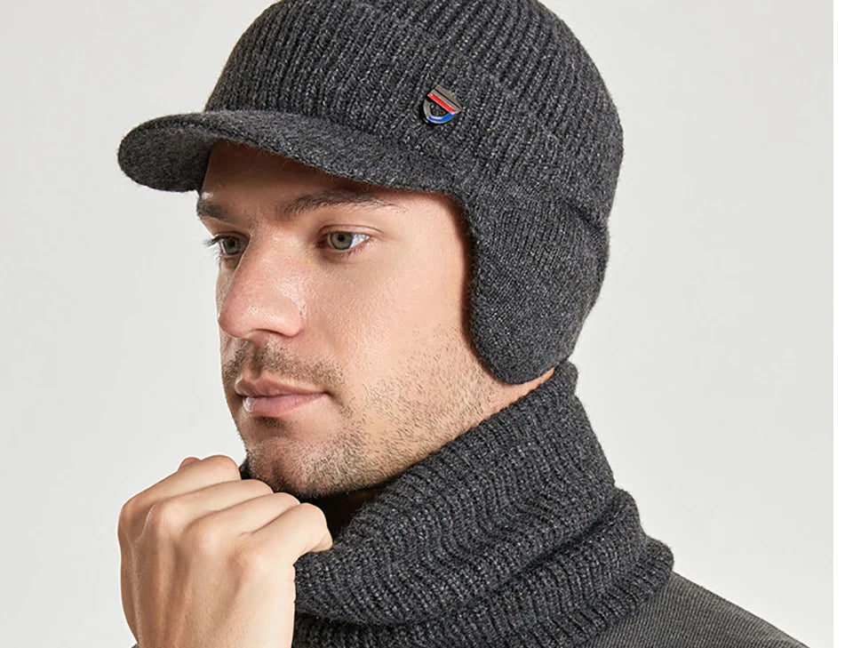 Men Or Women's Knitted Neck Scarf And Hat With Extra Ear Protection