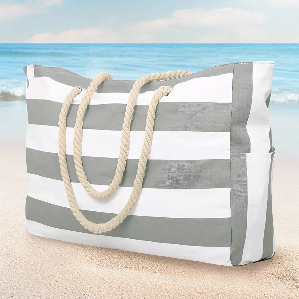 Striped Waterproof Canvas Summer Beach Tote Bag With Zipper