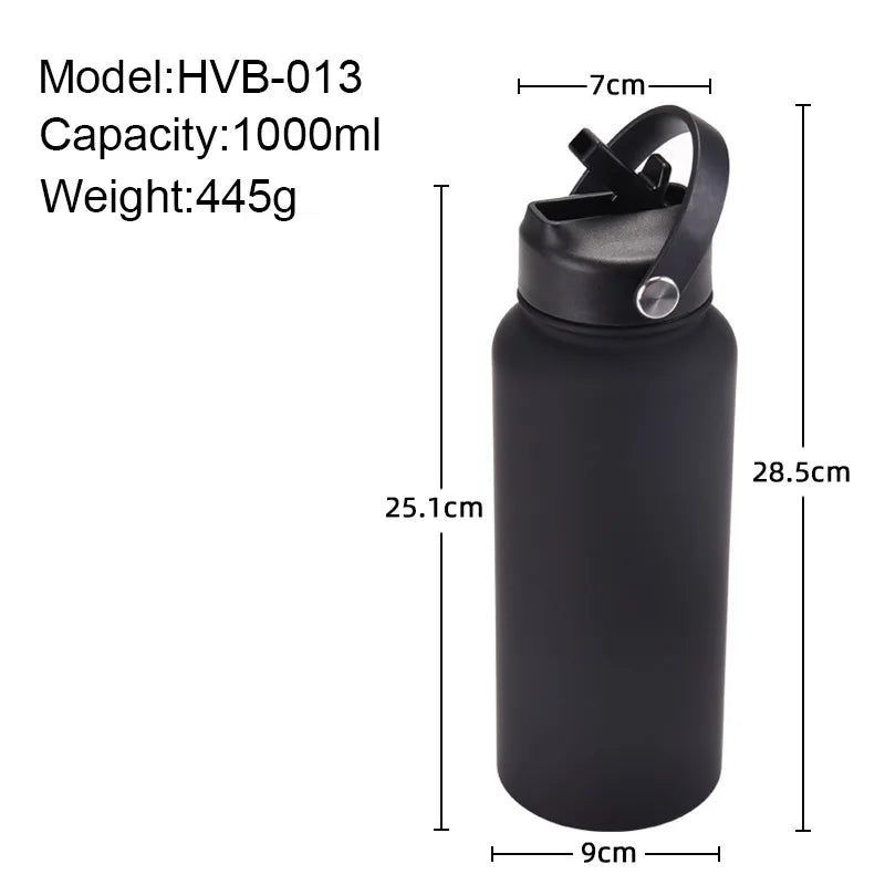 1L  Stainless Steel, Wide Mouthed, Thermos Water Bottle With Straw