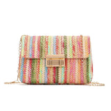 Women's Straw Rainbow Stripe Shoulder Crossbody Handbag With Chain Strap