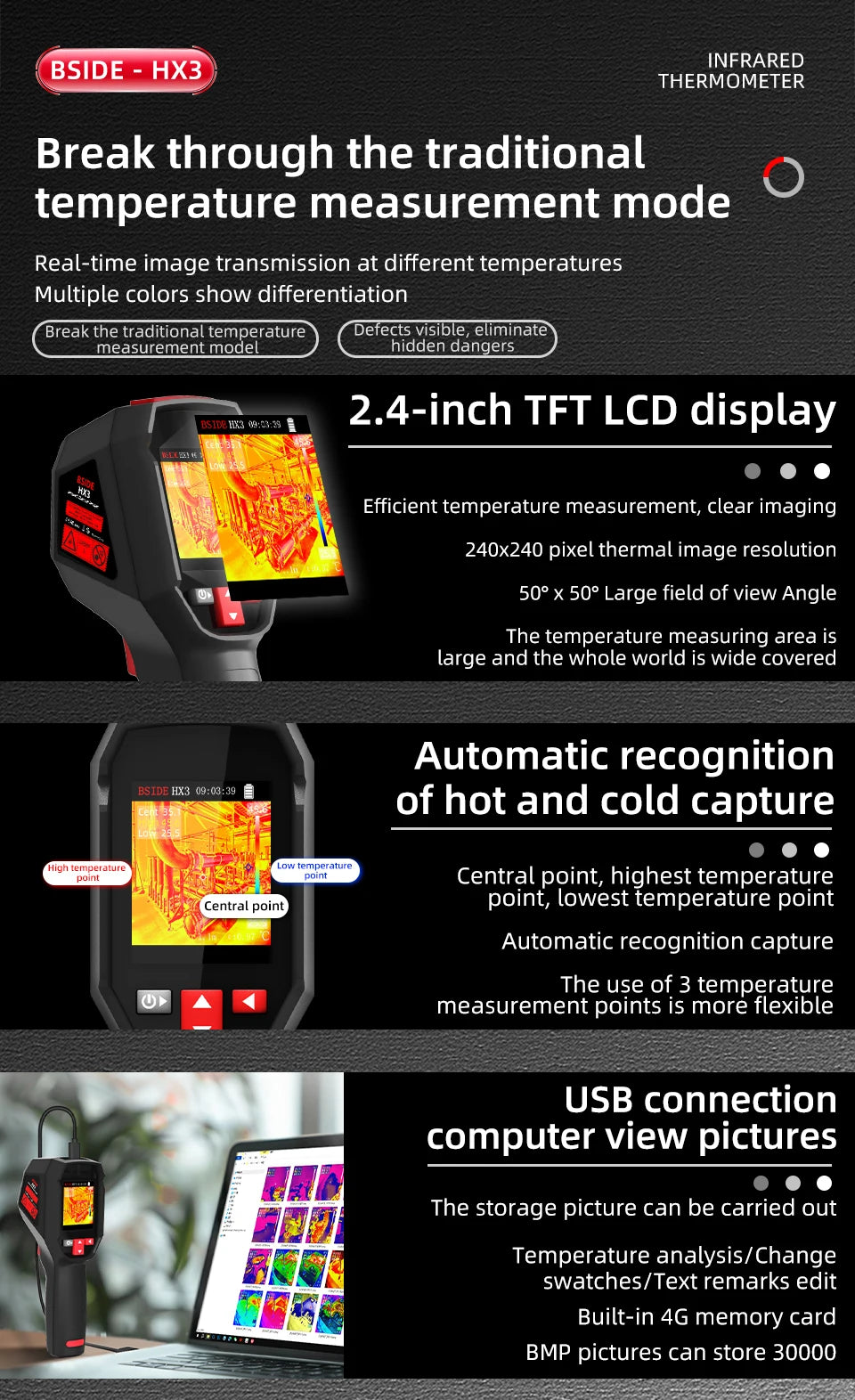 BSIDE Thermal Imager Camera HX1 Laser Thermographic HD Display For Circuit PCB Repair Pipeline Detection Medical Laser position