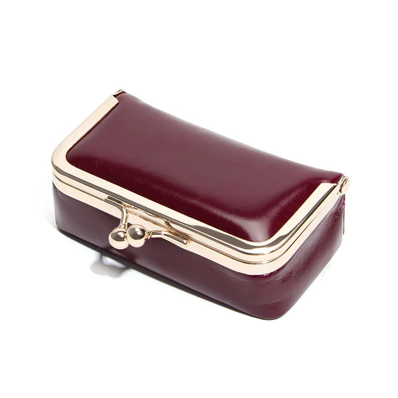 Compact Genuine Leather Kiss-Lock Mini Accessorie Pouch