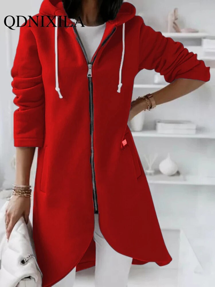 Women's Autumn Zipper Hooded Velvet Long Sweater.