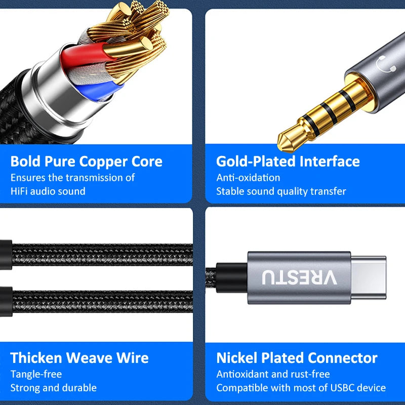Type C to 3.5mm Jack AUX Cable Audio DAC Chip 4 Poles Microphone 3 5 HiFi Headset Adapter for Samsung Google Pixel Huawei Xiaomi