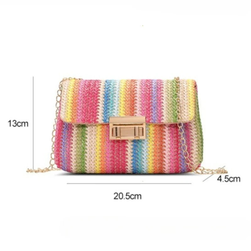 Women's Straw Rainbow Stripe Shoulder Crossbody Handbag With Chain Strap