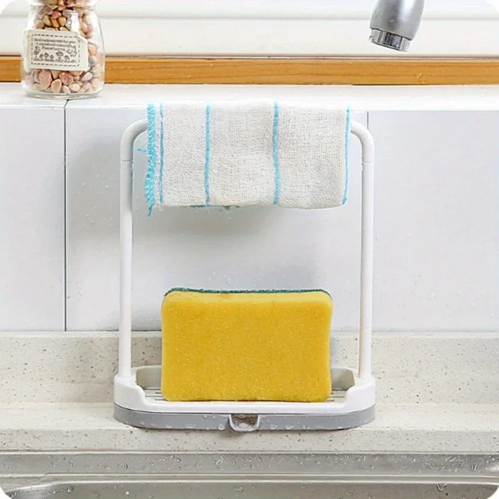1PC Plastic Kitchen Towel Storage Rack With Sponge Drain Shelf
