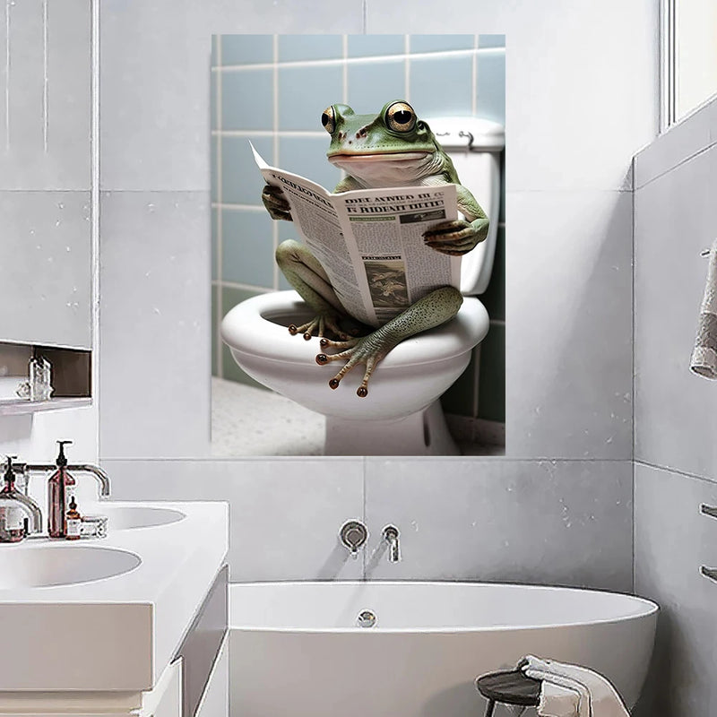 Bathroom Canvas Painting Prints Of Animals Sitting on Toilet Reading The Newspaper