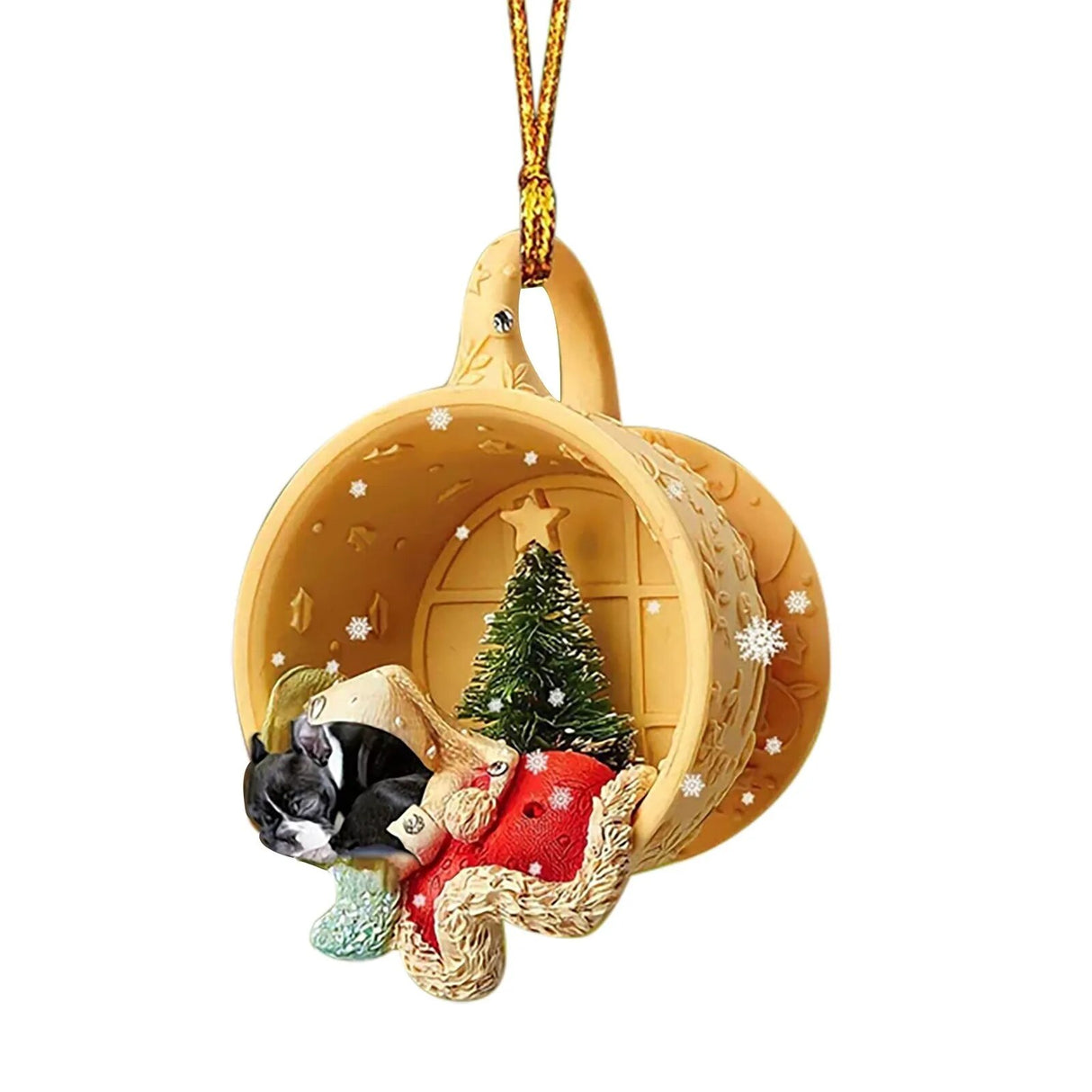 Hanging Christmas Tree Decorations Of Cute Dog sleeping in Cup.