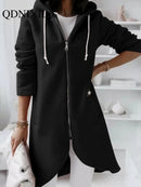 Women's Autumn Zipper Hooded Velvet Long Sweater.