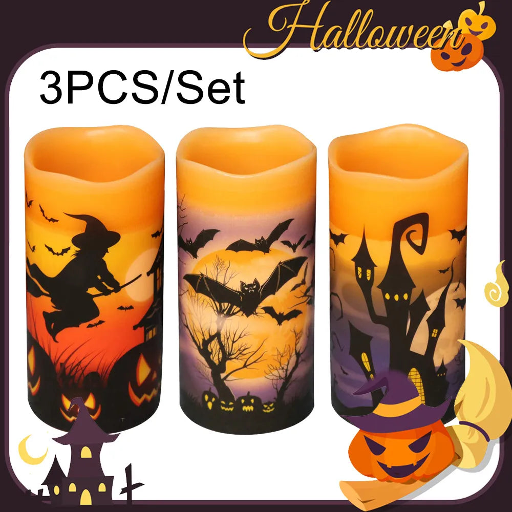 Set of 3 Real Wax Halloween Flameless Flickering LED/Battery Operated Candles.