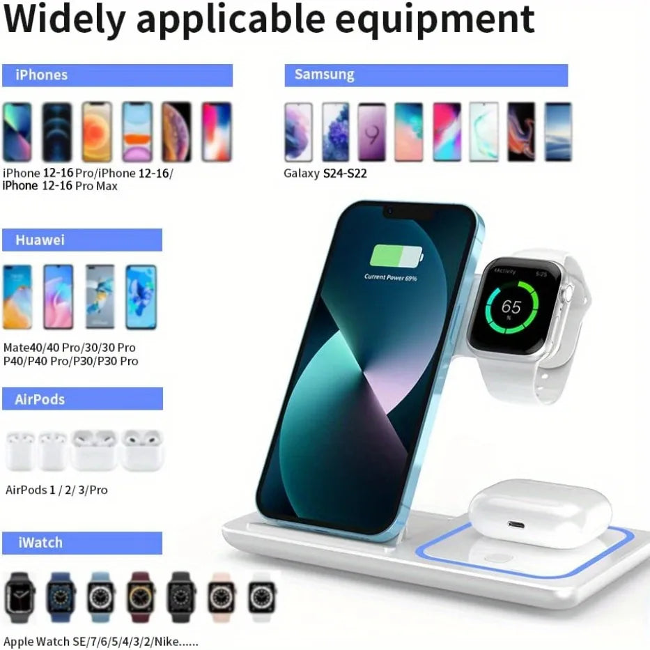 3 in 1 100W  Foldable Wireless Night Light Fast Charging Station For iPhone 16 15 14 13 12 And Apple Watch Airpods