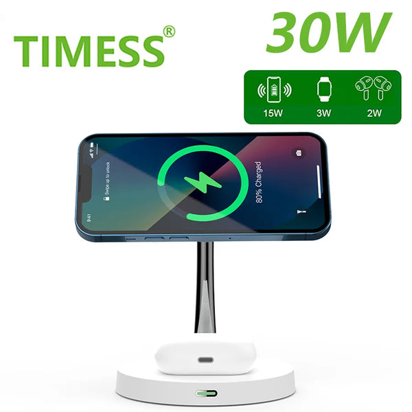 30W Magnetic Wireless Charger For iPhone 15, 14, 13, 12 Or Pro Max Charging Station For Apple Watch And Airpods.