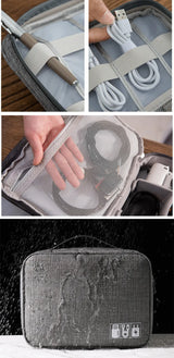 Waterproof Travel Organizer With Zipper Compartments For Cables, USB And Electronics.