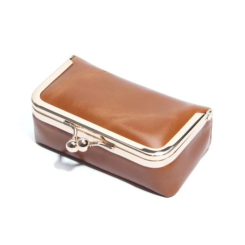 Compact Genuine Leather Kiss-Lock Mini Accessorie Pouch