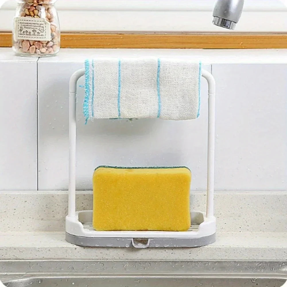 1PC Plastic Kitchen Towel Storage Rack With Sponge Drain Shelf