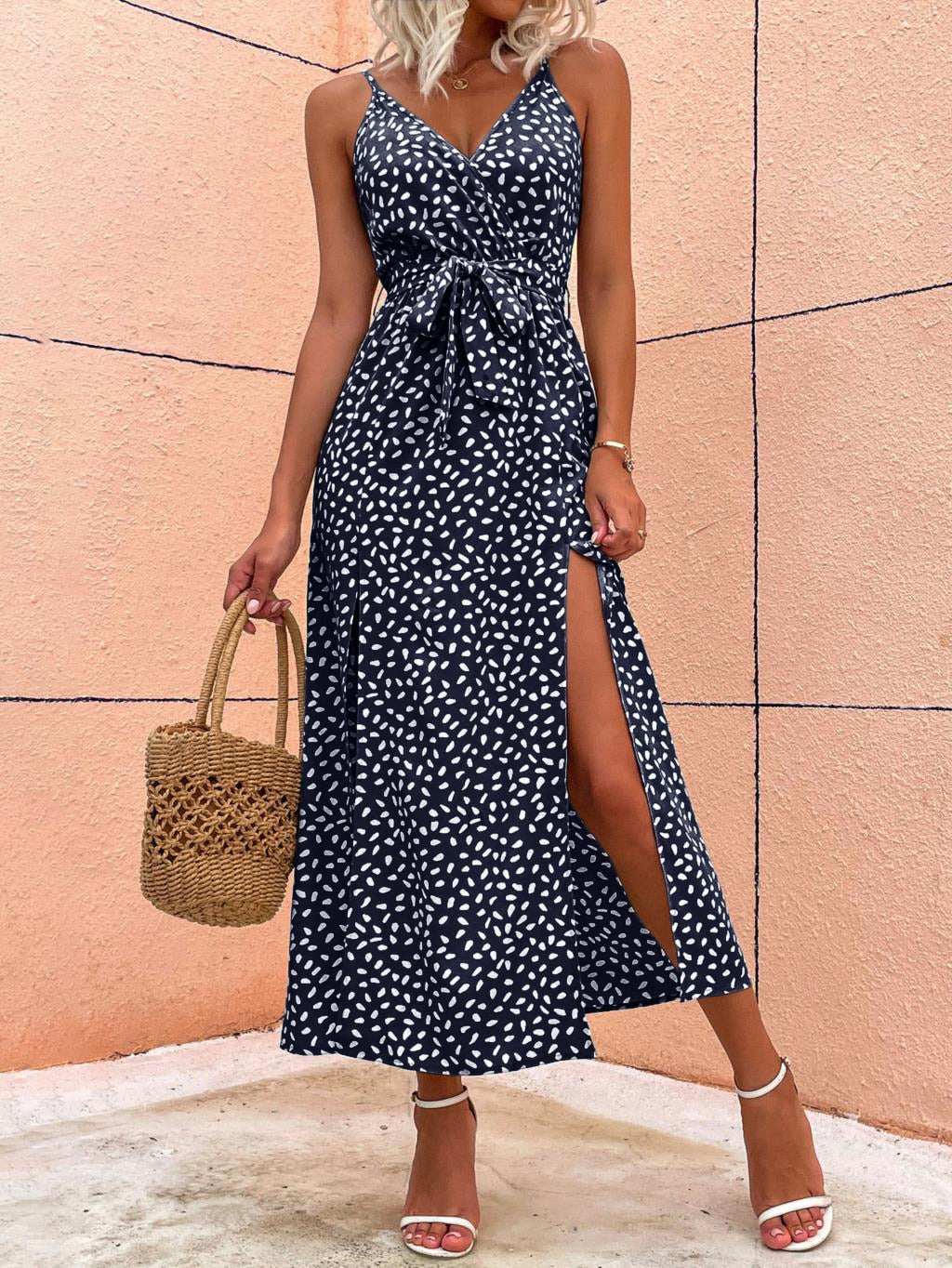 Elegant Sleeveless V Neck Maxi Dress With Slit on the Side.