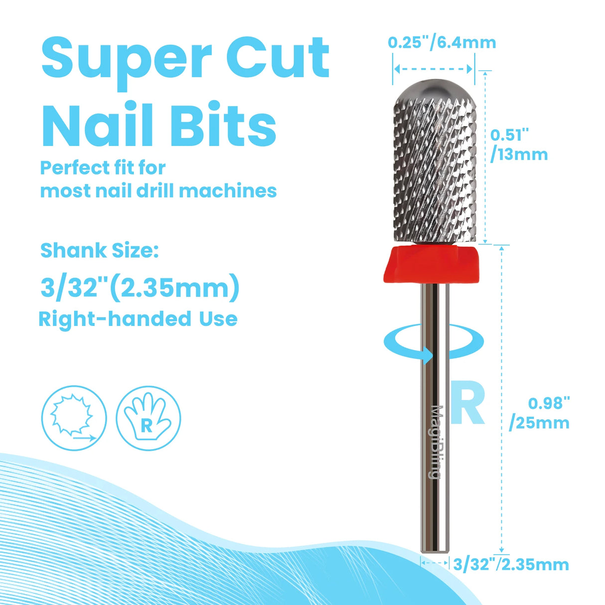 3/32" MagiBling Professional Manicure Nail Drill Bits for Hard Acrylic Gel