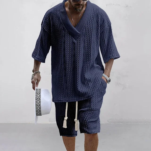 Men's Two Piece V-Neck Knitted Casual Shorts Set