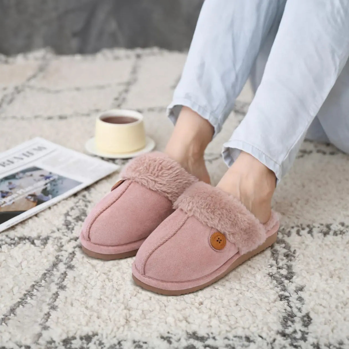 Evshine Women's Fur Plush Warm Slippers With Rubber Soles