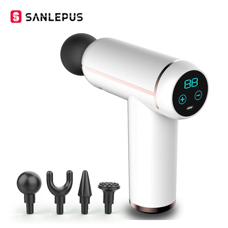 SANLEPUS Portable USB/ LCD deep tissue percussion massage gun for aching muscles.