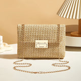 Women's Woven Straw Shoulder Bag With Chain Strap and Buckle Clutch Closure