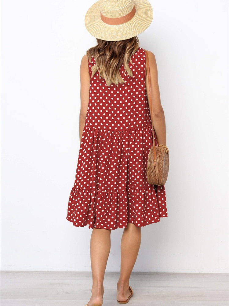 Lossky Women's Polka Dot Chiffon Sleeveless Beach Min Summer Dress.