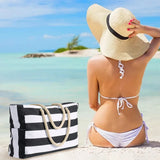 Striped Waterproof Canvas Summer Beach Tote Bag With Zipper