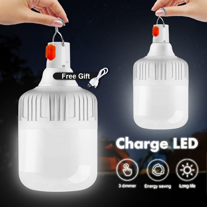 Portable LED Rechargeable Emergency Light. Lantern comes with a hook for camping or patio lighting.