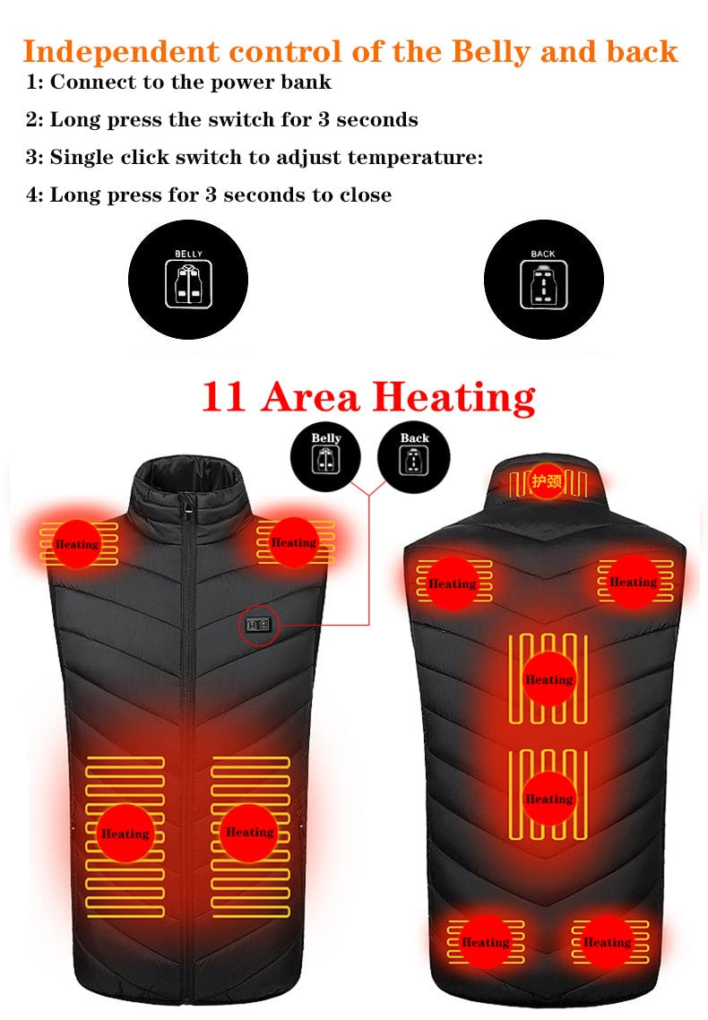 Men's and Women's USB Heated Thermal Vest. Sizes S to 6XL and Up to 17 Heating Zones.