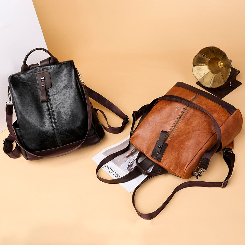 Ladies Anti-Theft Leather Backpack.